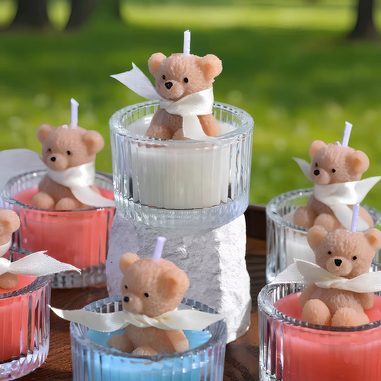 Scented Luxury Teddy Bear Soy Candle in Glass Jar with Ribbon, Creamy Pastel Gifts for Women, Bridal Shower & Holiday Favors