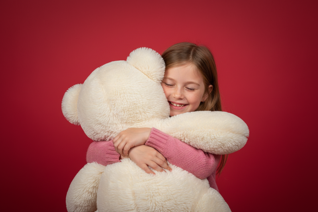 an image with a huge teddy bear on a monochrome red background, hugged by a cute european girl