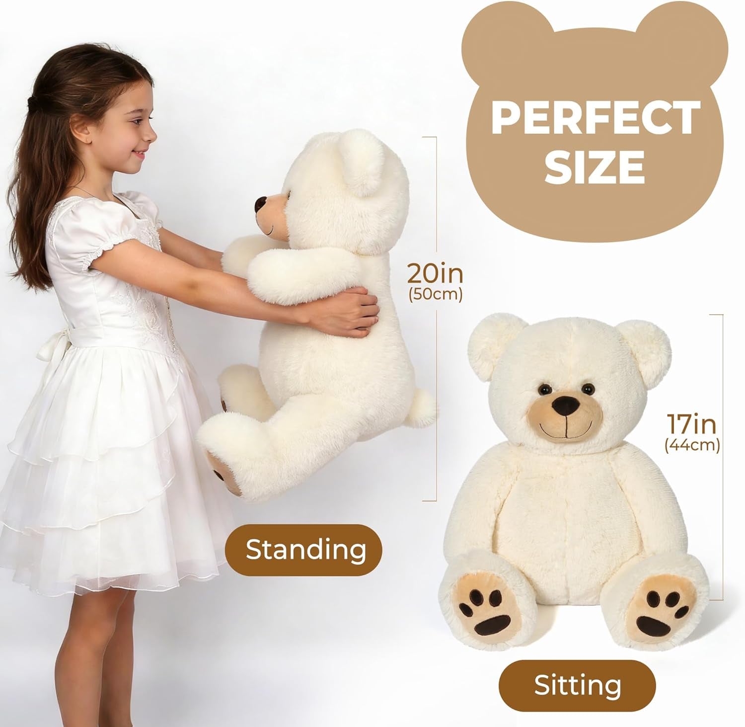 Teddy Bear Stuffed Animals, 20 Inch Cute Bear Plush Toy with Footprints, Plushies Gift for Kids Baby Toddlers on Baby Shower, Birthday, Christmas, Easter Decorations, Beige